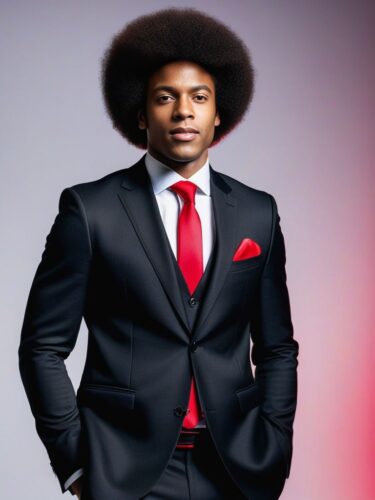 Full Body Portrait of a Young Afro-European Man in a Modern Black Suit and Bright Red Tie