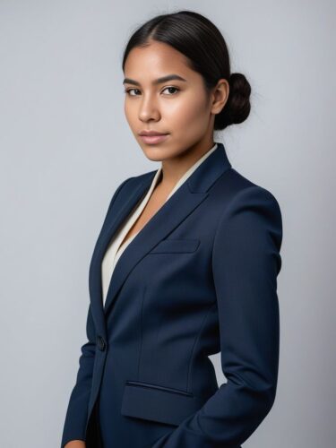 Full Body Studio Portrait of a Young Indigenous Woman in a Sleek Suit