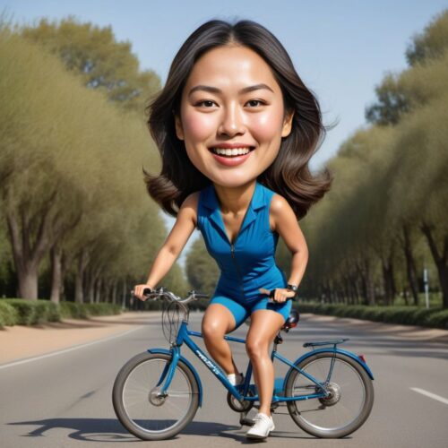 Caricature of a Young Asian Woman as a Cyclist