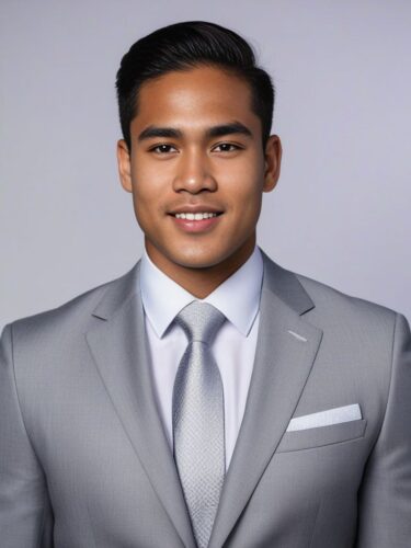Half-body portrait of a young Pacific Islander man in a classic light grey suit and silver tie