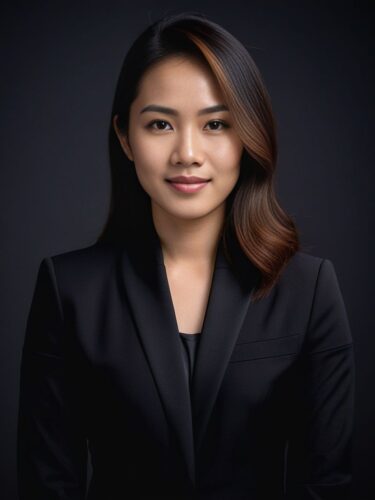 Full Body Headshot of a Young Southeast Asian Woman in a Black Suit