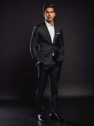 Full Body Portrait of a Young South American Man in a Stylish Black Suit
