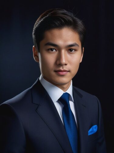 Half-body shot of a young Central Asian man in a classic fit black suit and blue tie