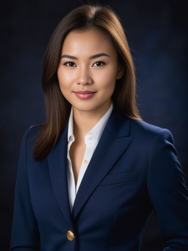 Headshot of a Young Eurasian Woman in a Navy Suit