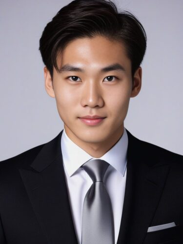 Half-body portrait of a young East Asian man in a classic black suit and silver tie