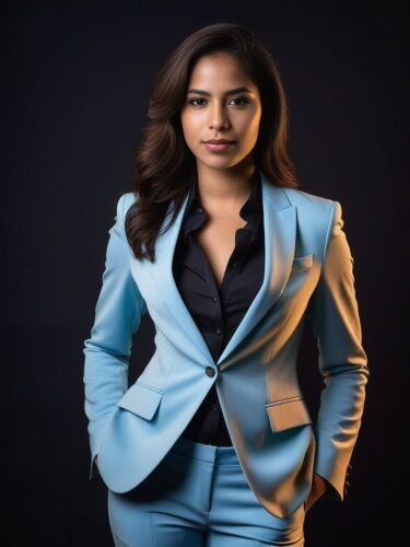 Full Body Studio Headshot of a Young South American Woman in a Sharp Suit