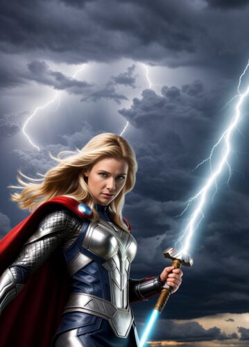 White SuperHero Woman with Thor’s lightning power