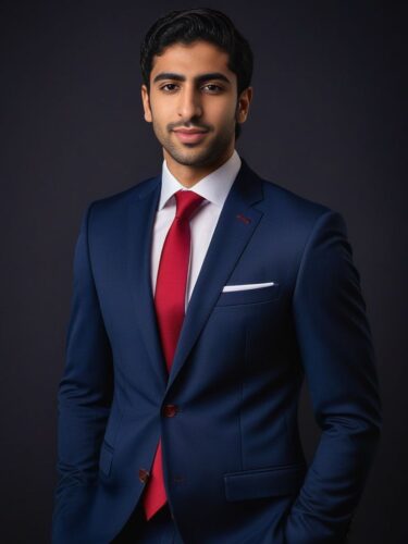 Full Body Portrait of a Young Middle Eastern Man in a Stylish Dark Blue Suit and Red Tie