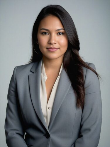 Headshot of a young Native American woman in a grey suit