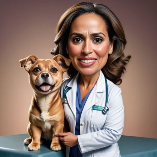 Caricature of a Hispanic woman as a veterinarian