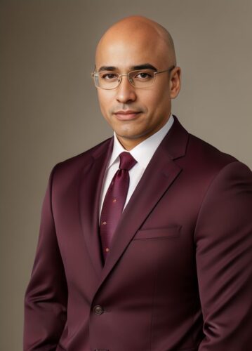 Bald Hispanic Lawyer in Burgundy Blazer