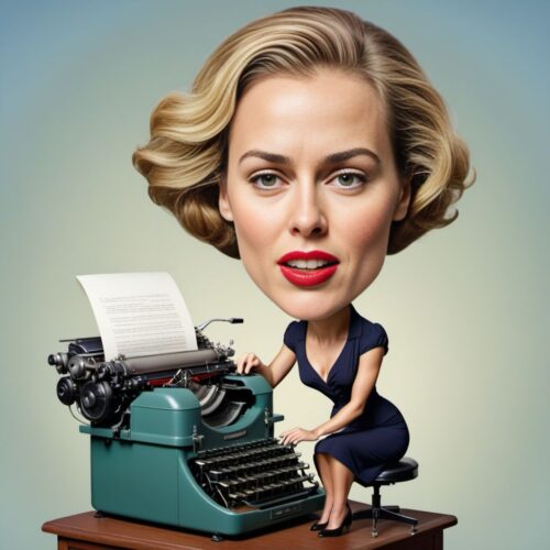 Caricature of a Young Woman Typing on a Giant Typewriter