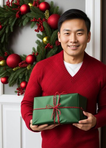 Asian Man with Gift and Wreath