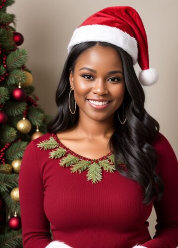 Cute Black Hair Woman Christmas Portrait