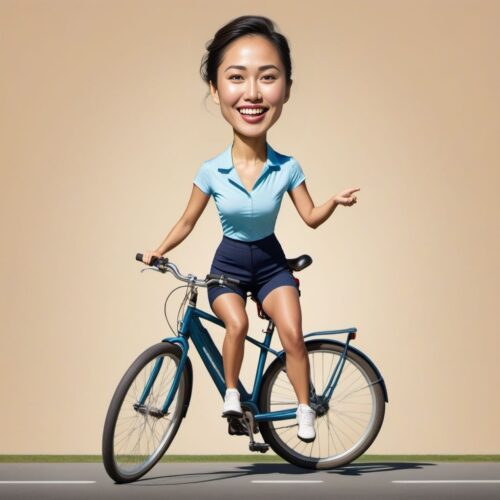 Caricature of a Young Asian Woman Riding a Unicycle
