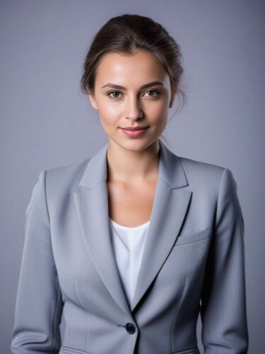 Headshot of a Young East European Woman in a Light Grey Suit