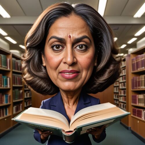Caricature of a South Asian woman as a librarian