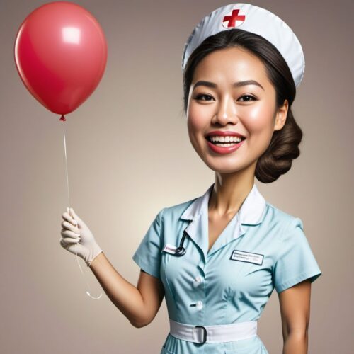 Caricature of a Young Asian Nurse Giving a Shot to a Balloon