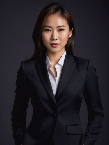 Full Body Headshot of a Young East Asian Woman in a Tailored Dark Suit