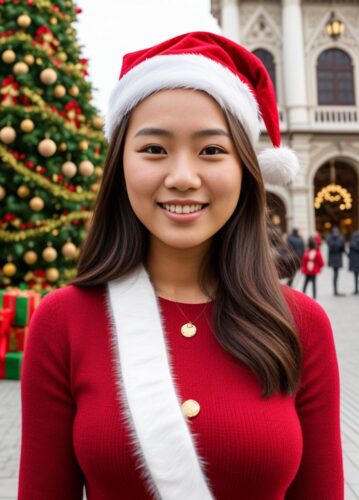 Young Asian Woman with Santa Hat and Christmas Tree