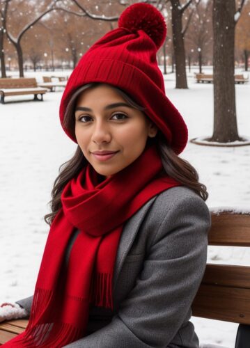 Young Latina with Elf Hat in Snow-Kissed Park