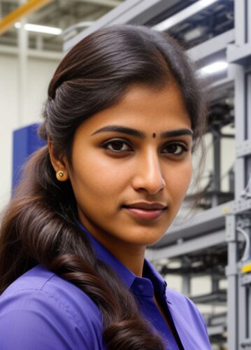 Headshot of a South Asian Woman in an Aerospace Lab