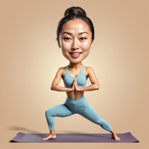 Caricature of a Young Beautiful Asian Woman Doing Yoga