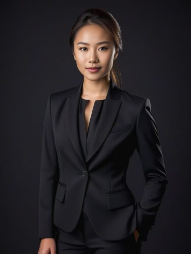 Full Body Headshot of a Young Eurasian Woman in a Tailored Black Suit