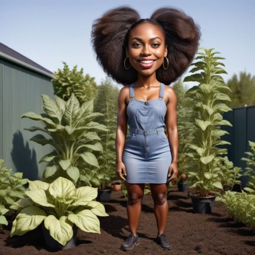 Caricature of a Young Beautiful Black Woman Gardening
