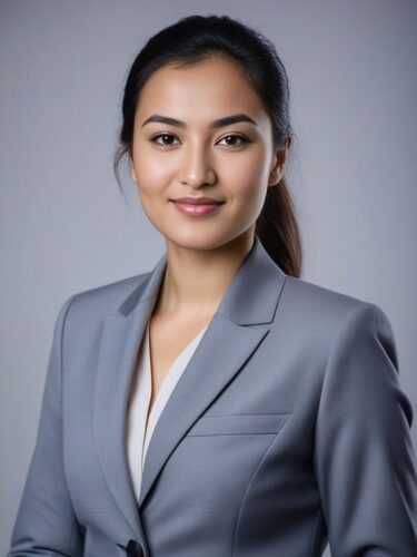 Headshot of a Young Central Asian Woman in a Grey Suit