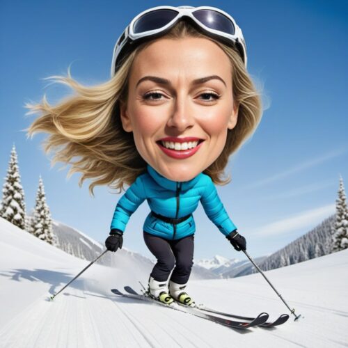 Caricature of a Young Woman Skiing