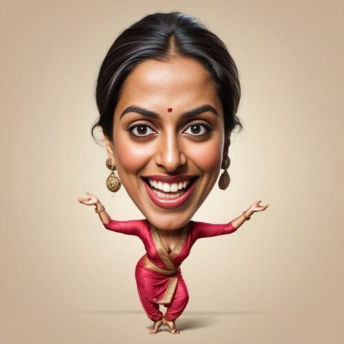 Funny Caricature of a Young Beautiful South Asian Woman Dancing