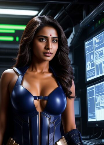 South Asian SuperHero Woman in a Tech-Filled Batcave