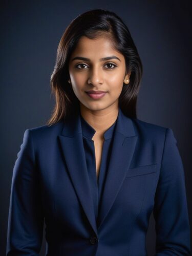 Full Body Headshot of a Young South Asian Woman in a Tailored Navy Suit