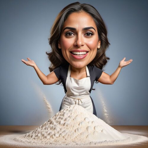 Young beautiful Hispanic woman caricature baking with a mountain of flour