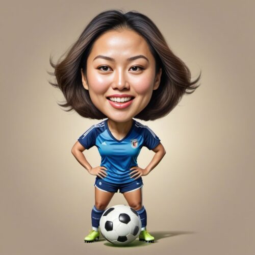 Caricature of a young beautiful Asian woman playing soccer
