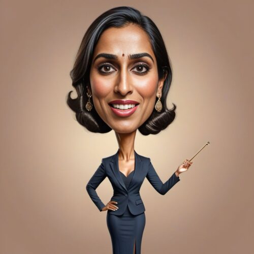 Young beautiful South Asian woman caricature conducting an orchestra