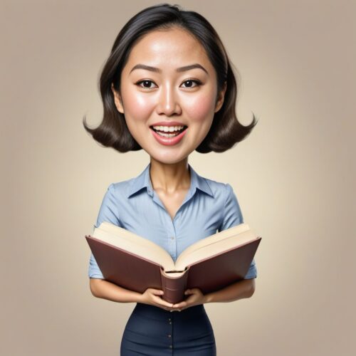 Caricature of a Young Beautiful Asian Woman Teaching with Huge Books