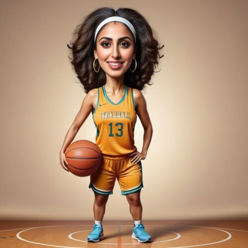 Young beautiful Middle-Eastern woman caricature playing basketball