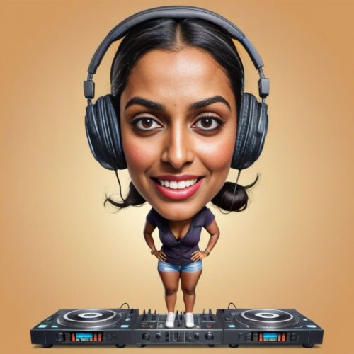 Funny Caricature of a Young Beautiful South Asian Woman as a DJ
