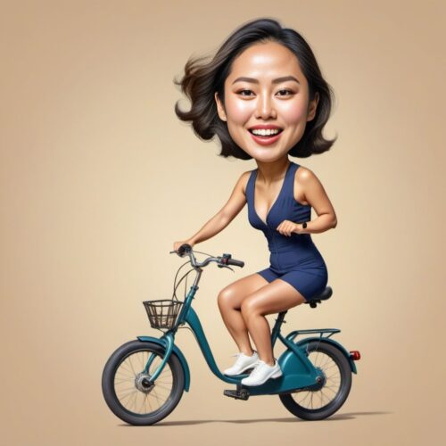 Caricature of a young beautiful Asian woman cycling on a tiny bike