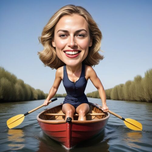 Caricature of a Young Beautiful Woman Rowing in a Small Boat
