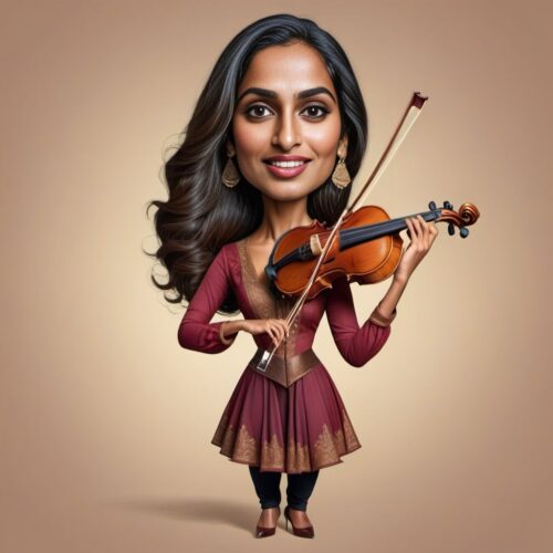 Young beautiful South Asian woman caricature playing oversized violin