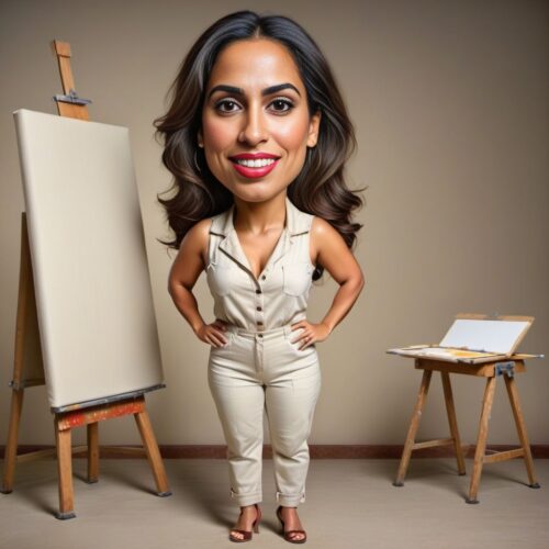 Funny Caricature of a Young Beautiful Hispanic Woman as a Painter