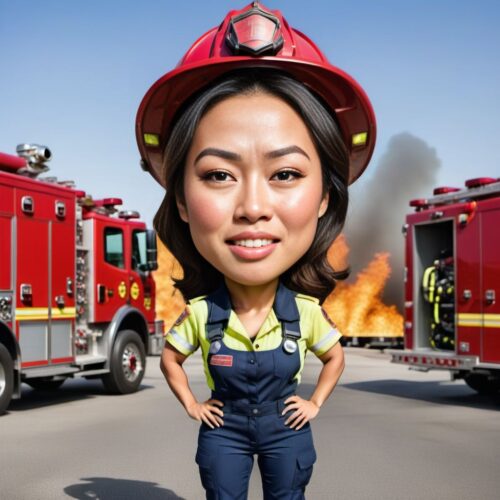 Caricature of a young beautiful Asian woman working as a firefighter