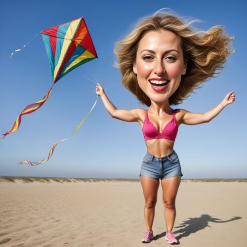 Caricature of a young beautiful woman flying a kite