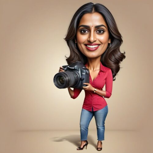 Funny Caricature of a Young South Asian Woman as a Photographer