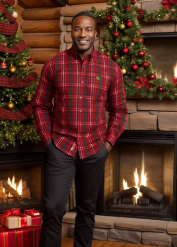 Black Man in Plaid Shirt by Fireplace and Christmas Tree