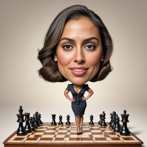 Young beautiful Hispanic woman caricature playing chess