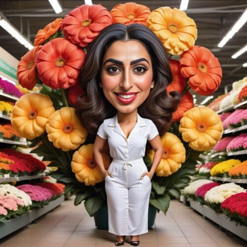 Funny Caricature of a Young Middle-Eastern Woman as a Florist